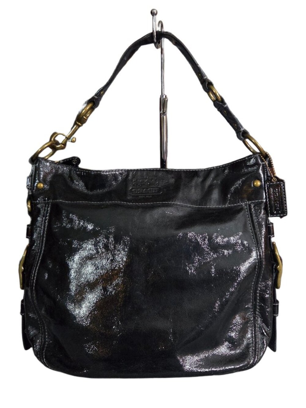 Coach Zoe XL Black Patent Leather Shiny Hobo Shoulder Bag Purse Vintage 12776